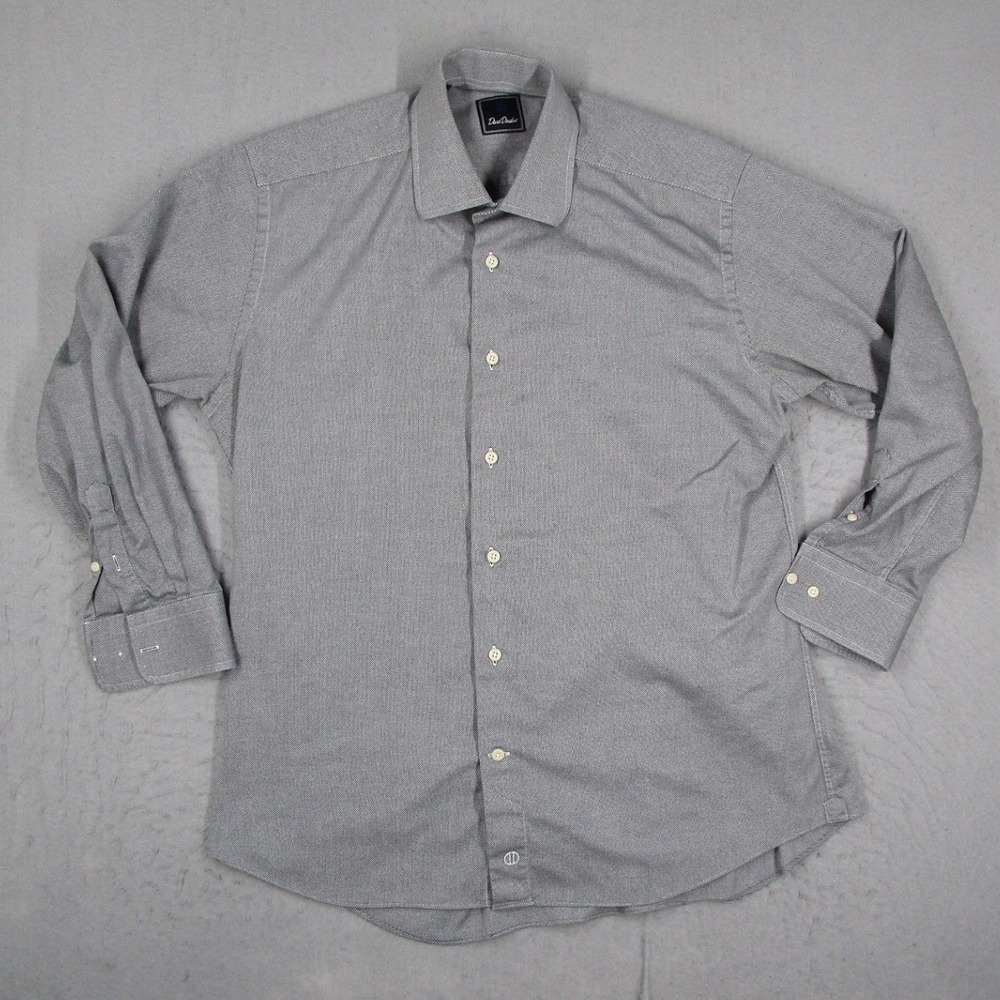 David Donahue Mens 16 32/33 Dress Shirt Grey Micro Check Cotton Spread Collar